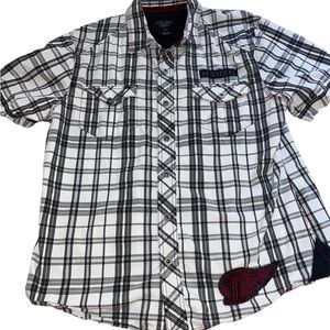 Harley Davison plaid button up shirt.